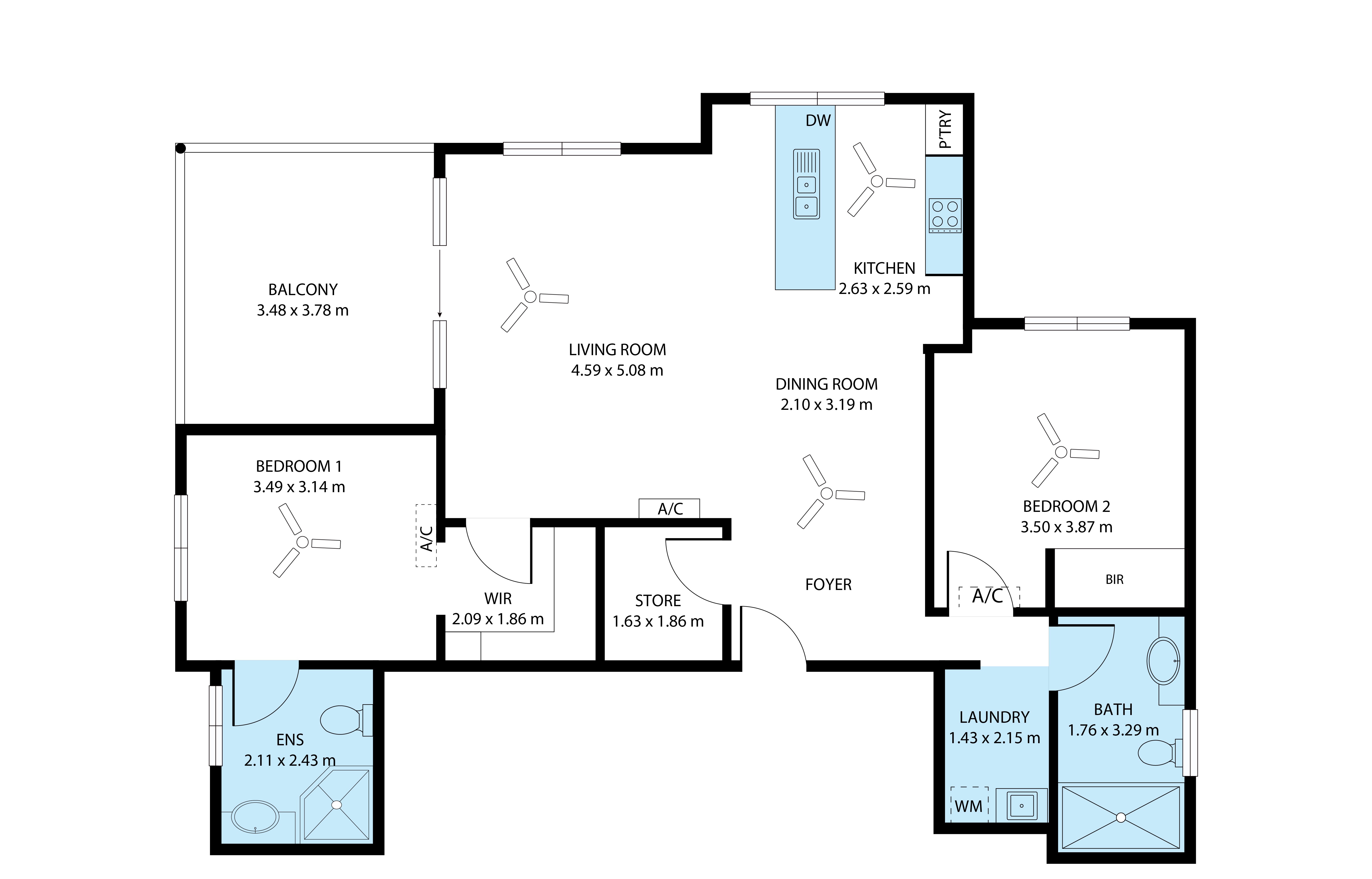 Floor plan for 2-bedroom unit at 401B/2 Mauna Loa, Darwin City, Nt, 0800, Darwin, Northern Territory